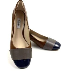 Clarks Narrative Cognac Brown Gray Navy Patent Pumps Chunky Heel 7.5M #16052